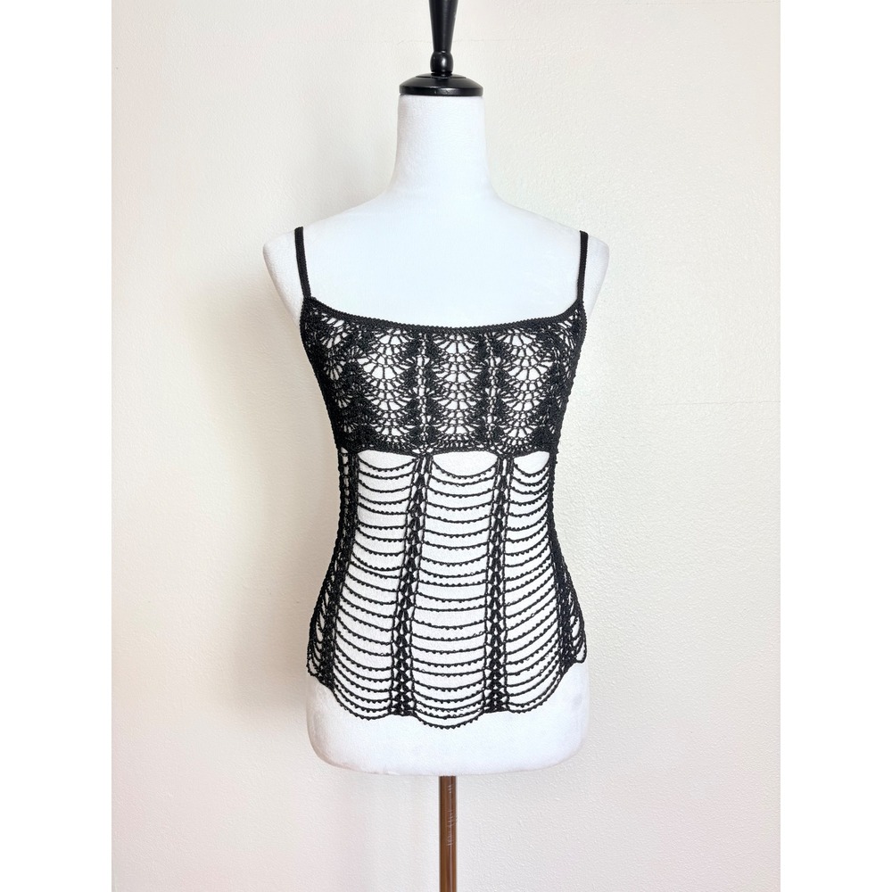Y2K Vintage Victoria's Secret Black Crochet Beaded Sheer Tank Top Size Small